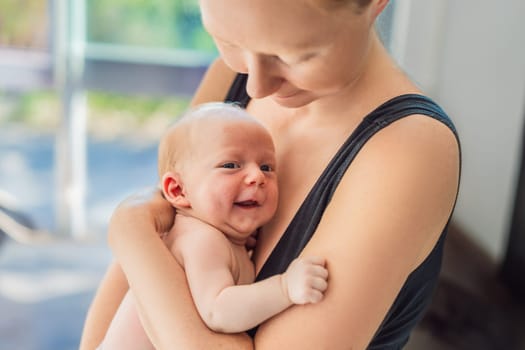 A mother lovingly embraces her newborn baby, holding them close to her chest. A tender moment of warmth, security, and deep maternal love, symbolizing bonding, comfort, and the unbreakable connection between mother and child.