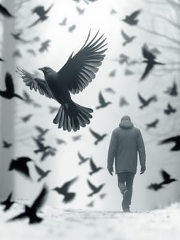 A man walks through a forest with a flock of birds flying overhead. Concept of freedom and movement, as the man and the birds seem to be in sync with each other