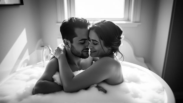 Monochrome image of a bathtub filled with foam. In the bathtub, a woman and a man in love are embracing. High quality photo