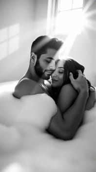 Monochrome image of a bathtub filled with foam. In the bathtub, a woman and a man in love are embracing. High quality photo