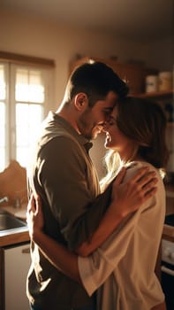 A married couple hugs in the morning in the kitchen. A man and a woman in love hugging each other in the rays of the morning sun. High quality photo