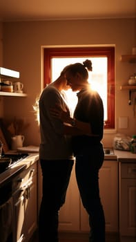 A married couple hugs in the morning in the kitchen. A man and a woman in love hugging each other in the rays of the morning sun. High quality photo
