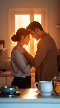 A married couple hugs in the morning in the kitchen. A man and a woman in love hugging each other in the rays of the morning sun. High quality photo