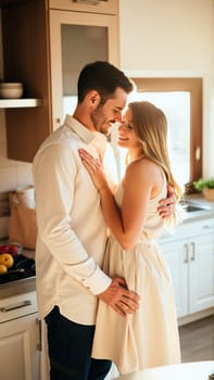 A married couple hugs in the morning in the kitchen. A man and a woman in love hugging each other in the rays of the morning sun. High quality photo