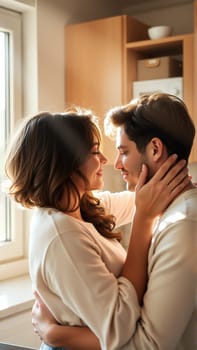 A married couple hugs in the morning in the kitchen. A man and a woman in love hugging each other in the rays of the morning sun. High quality photo