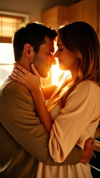 A married couple hugs in the morning in the kitchen. A man and a woman in love hugging each other in the rays of the morning sun. High quality photo