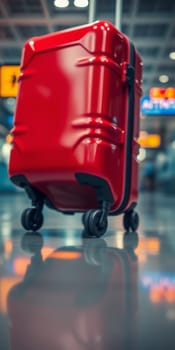 Red suitcase in the airport building. High quality photo