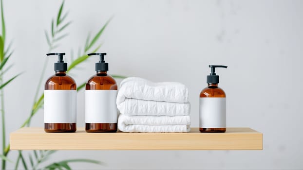 Spa treatment set, wooden shelf with neatly folded towels and dispensers for soap, cream, massage oil. High quality photo