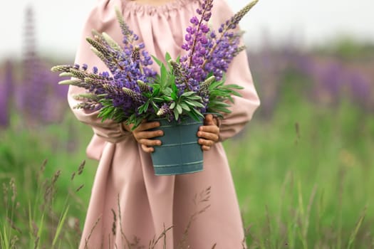 Young caucasian child holding lavender bouquet in field.