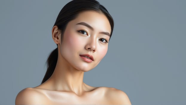 Portrait of beautiful asian woman on isolated grey background. High quality photo