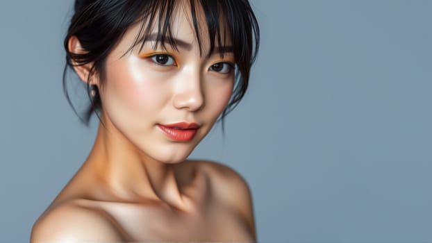 Portrait of beautiful asian woman on isolated grey background. High quality photo