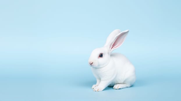 Cute white rabbit on isolated blue background. High quality photo