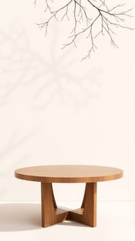 A simple wooden table with a round top filled with a coating that provides sunlight. The delicate shadows of leafy branches play on the textured cream wall in the background. High quality photo