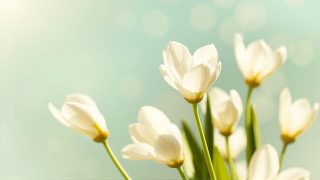 Delicate spring flowers in backlit sunlight, blurred background. High quality photo