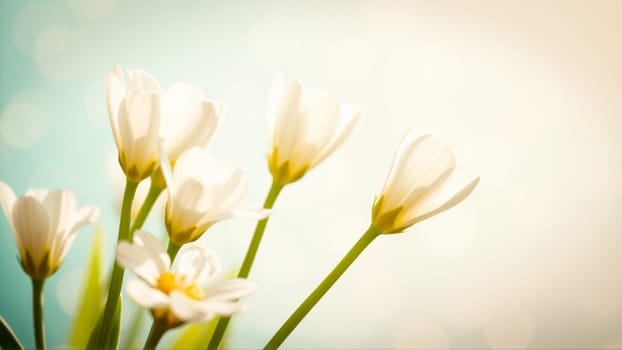 Delicate spring flowers in backlit sunlight, blurred background. High quality photo