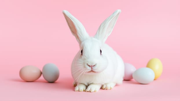 White fluffy rabbit sits on pink isolated background among colorful eggs. High quality photo
