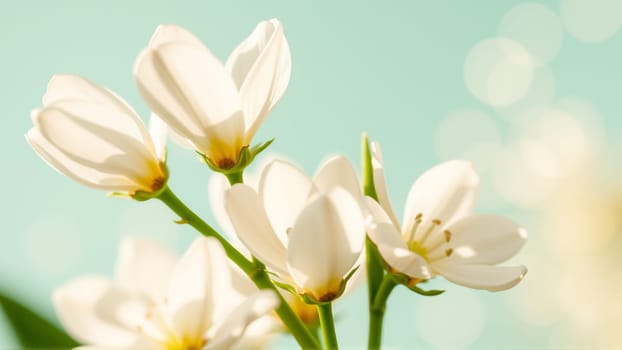 Delicate spring flowers in backlit sunlight, blurred background. High quality photo