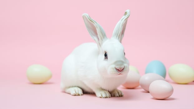 White fluffy rabbit sits on pink isolated background among colorful eggs. High quality photo