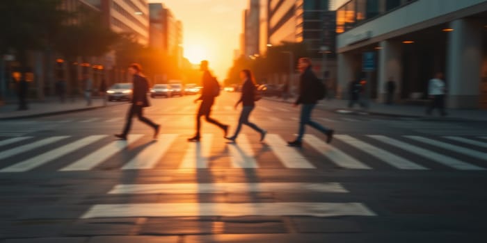 A lot of people walk along the pedestrian crossing during rush hour. High quality photo
