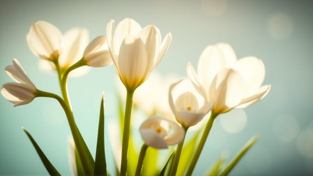 Delicate spring flowers in backlit sunlight, blurred background. High quality photo