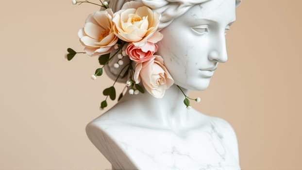 Stone statue covered with spring flowers on isolated background. High quality photo
