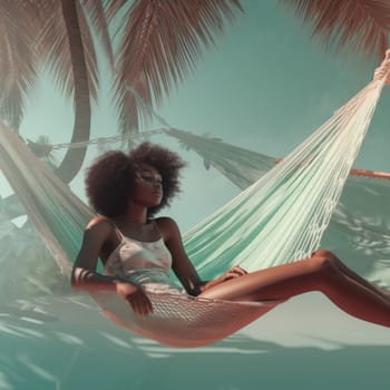 A woman in a beautiful dress is relaxing on a sandy beach in a hammock. High quality photo