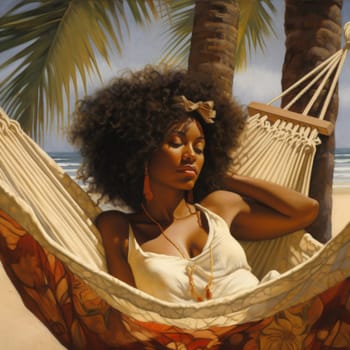 A woman in a beautiful dress is relaxing on a sandy beach in a hammock. High quality photo