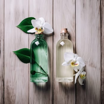 Glass bottle of eco-friendly natural body oils. High quality photo