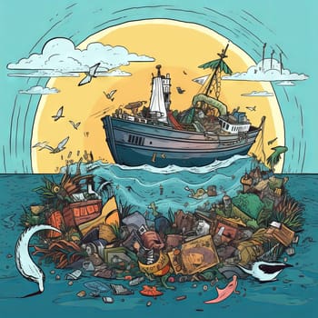 The ship ran aground because of a pile of garbage in the sea. High quality photo