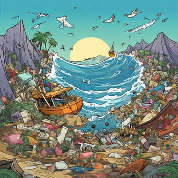 The ship ran aground because of a pile of garbage in the sea. High quality photo