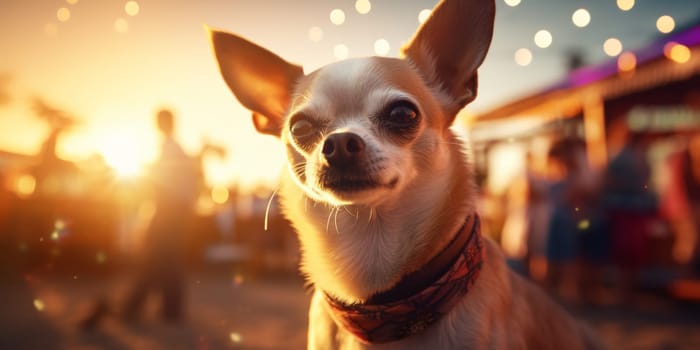 Chihuahua puppy outdoors in the light of the setting sun. High quality photo