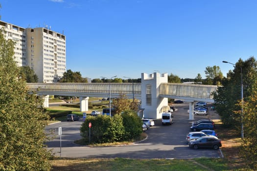 Moscow, Russia - Sept 20. 2024. the 6 microdistrict of Zelenograd. Overground pedestrian crossing