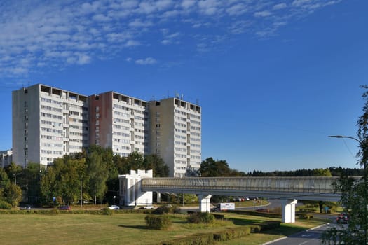 Moscow, Russia - Sept 20. 2024. the 6 microdistrict of Zelenograd. Overground pedestrian crossing