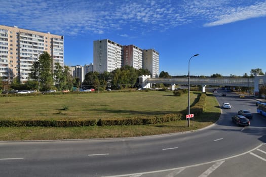 Moscow, Russia - Sept 20. 2024. the 6 microdistrict of Zelenograd. Overground pedestrian crossing