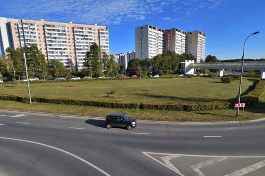 Moscow, Russia - Sept 20. 2024. the 6 microdistrict of Zelenograd. Overground pedestrian crossing
