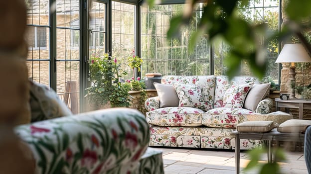 Colorful pillows on sofa against glass wall of window in a winter garden or conservatory. Interior textile concept. High quality photo