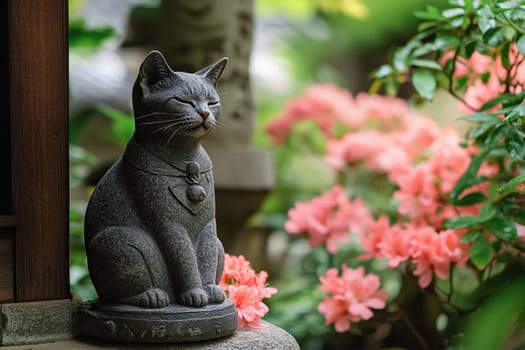 Bronze sculpture of a cat sitting on the porch of a house in the garden in spring.