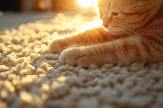 A ginger cat is catching sunbeams while lying on the carpet.