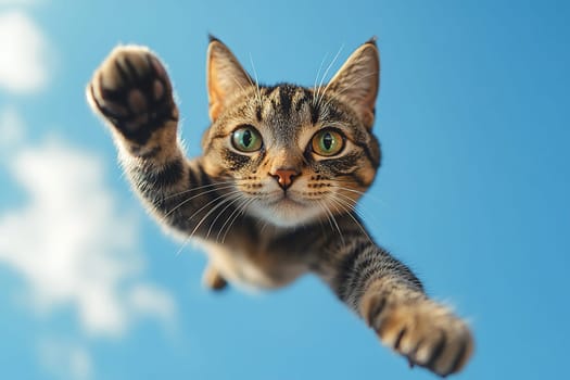 A grey cat jumps straight towards the camera against a blue sky, creating the illusion of flight.