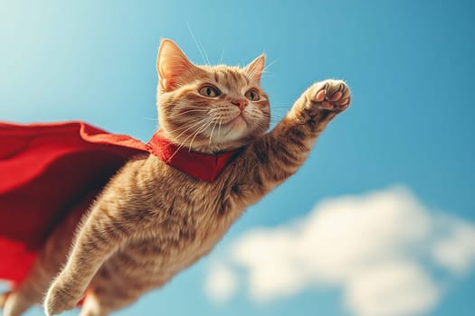 A red cat superhero with his paw raised up flies in the blue sky in a red cape.
