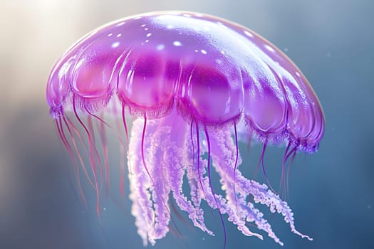 luminescent purple jellyfish floating in water, ultra realism, very close up of jellyfish