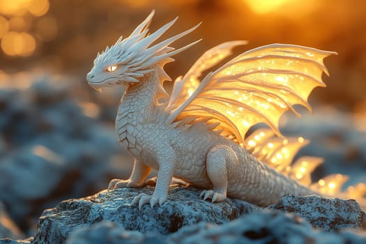 A fantastic image of a white dragon with wings shimmering in the sun on a rock in the mountains.