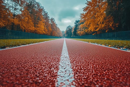 A red running track with a white stripe down the center at an outdoor sports stadium.
