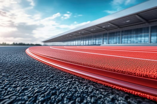 A ground level shot of the red track or running track along the side of a stadium on a sunny day.