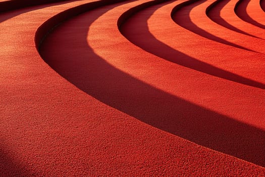 Modern architecture of the stadium with red covering. Top view of the red running tracks in the stadium.