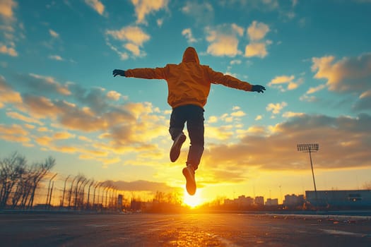 A man performs jumping exercises early in the morning at an outdoor stadium. Outdoor training concept.