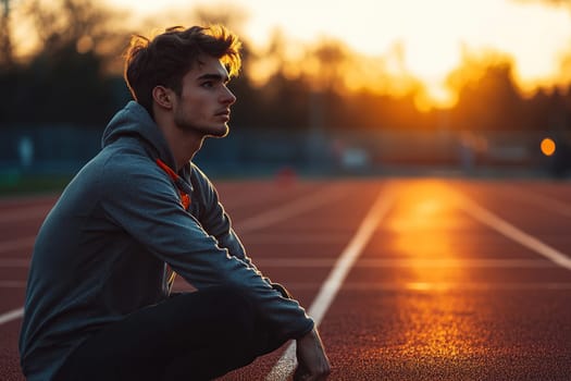 Young man is doing exercises late in the evening at the stadium