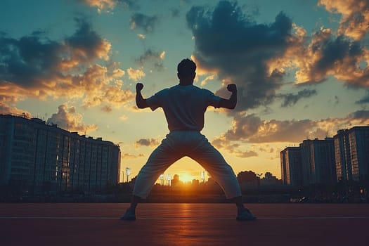 Man in white sportswear practicing wrestling outdoors at sunset or sunrise, rear view. Outdoor training concept.