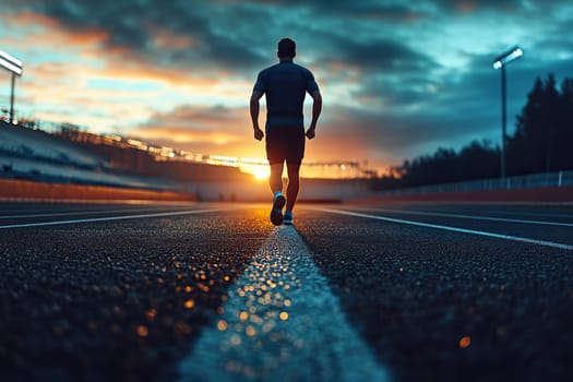 Back view of a man jogging in a stadium in the evening at sunset. Concept of the importance of sports in human life.