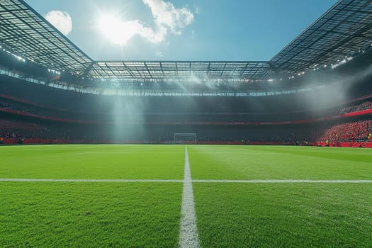 An empty football stadium before the game. Perfect grass surface with markings.
